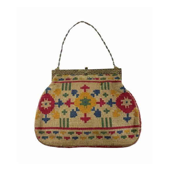 1900s 1910s needlepoint purse arts and crafts design carved floral metal frame - Picture 1 of 10